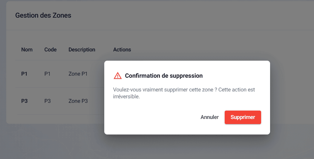 Suppression d'une zone