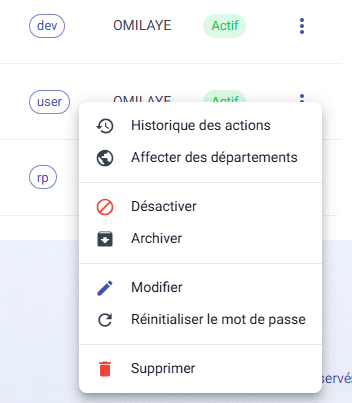 Menu des actions